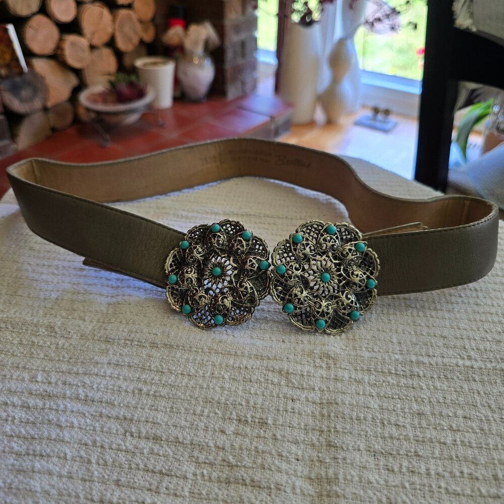 Brettons - Vintage Brown Leather Belt with Silver & Turquoise Flowers